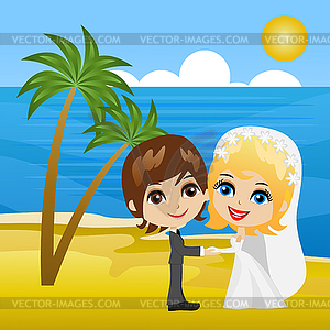 Beautiful groom with fiancee on coast of sea - vector clipart