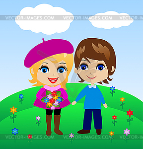 Amusing merry pair on nature - vector clipart