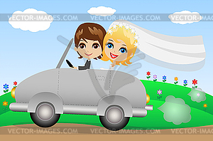 Beautiful groom with fiancee go in wedding trip on - color vector clipart