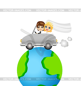 Жених с невестой идут в поездке на автомобиле круглый земле - векторная иллюстрация