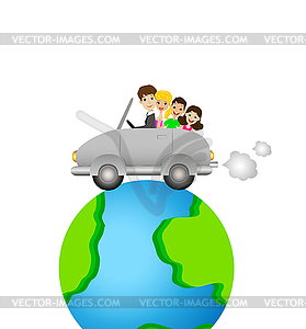 Family goes in trip on car round earth - vector clip art