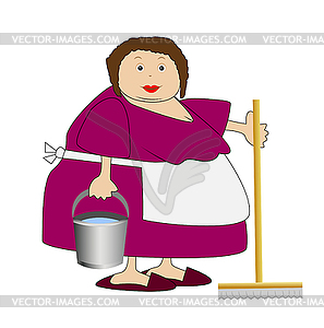 Complete woman with bucket and mop in hands - royalty-free vector clipart