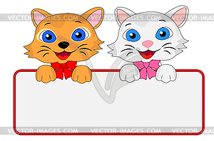 Two merry kittens hold clean banner - vector image