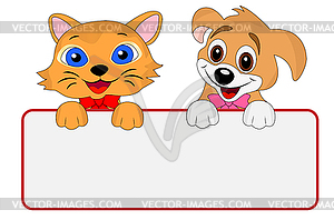 Merry dog and cat hold clean banner - vector image