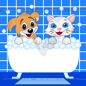 Merry kitten and dog bath in bath - vector clip art