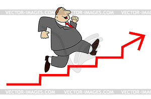 Thick business man hurries upwards on stair - vector image