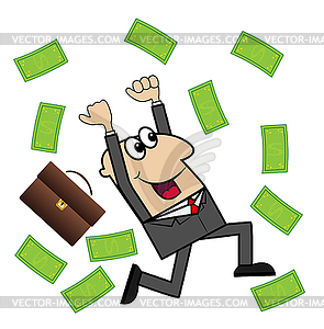 Business man is glad to powerful lot of money - vector image