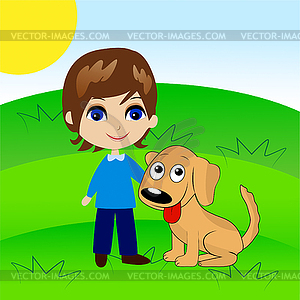 Merry little boy with dog - vector EPS clipart