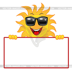 Merry sun in dark glasses holds white banner - vector clip art