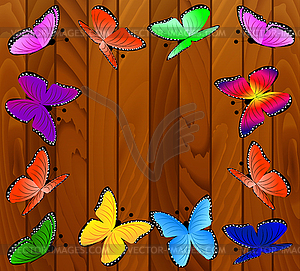 Background with wooden texture and butterflies - vector image