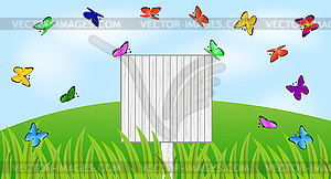 Background with wooden table and butterflies - vector image