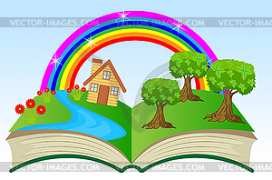 Open book with summer landscape - vector EPS clipart