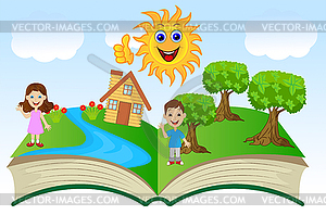 Open book with children and summer landscape - vector clipart