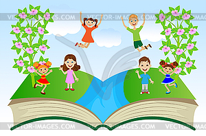 Open book with children and summer landscape - vector clip art