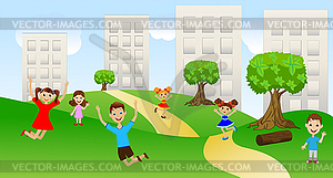 Children play green lawn near pitch houses - vector clipart