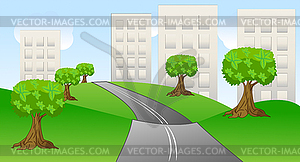 Asphalt-paved road to pitch houses - vector image