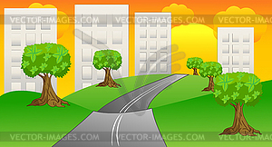 Asphalt-paved road to pitch houses - vector clipart