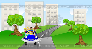 Family goes of city on car - vector clipart