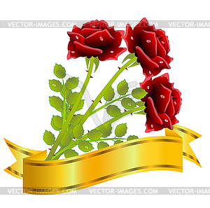 Three red roses and gold ribbon - vector clipart