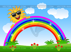 Merry sun peeks out of rainbow - vector clip art