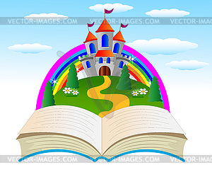 Open book with fairy-tale palace on fringe of forest - vector image