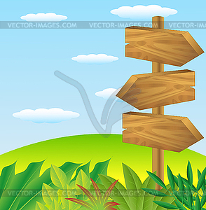 Wooden pointer to green lawn - vector clipart