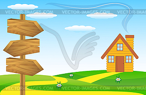 Wooden pointer to green lawn - vector clip art