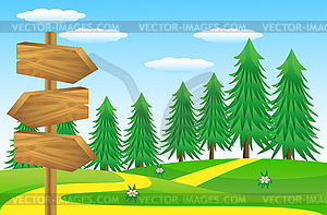 Wooden pointer to green lawn - vector image