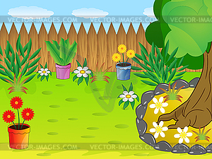 Green lawn with flowers and wooden fence - vector clipart