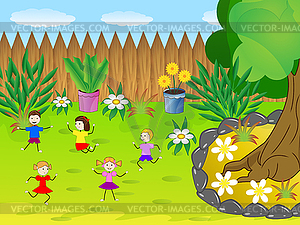 Children play green lawn - vector clipart