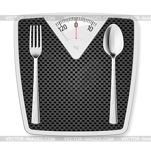 Bathroom scales with fork and spoon - vector clipart