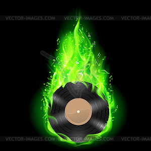 Vinyl disc in green fire - royalty-free vector image