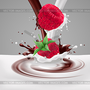 Raspberries with milk and chocolate - vector image