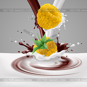 Yellow raspberries with milk and chocolate - vector clipart