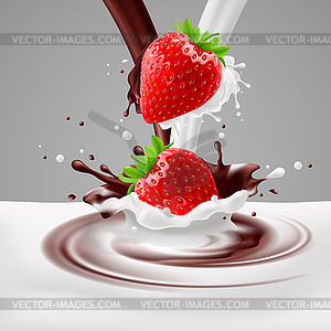 Strawberries with milk and chocolate - vector clipart