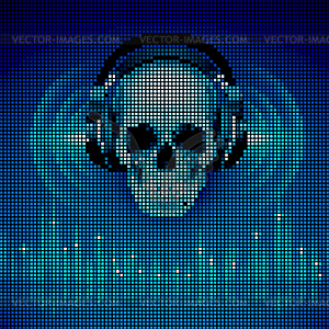 Skull in headphones. LED disco background - vector clip art