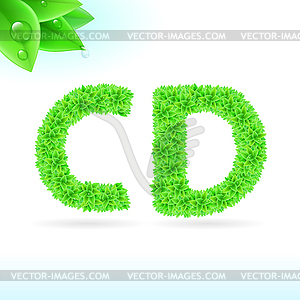 Sans serif font with green leaf decoration - vector image