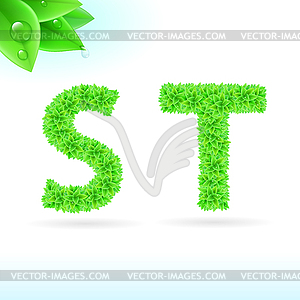 Sans serif font with green leaf decoration - vector image