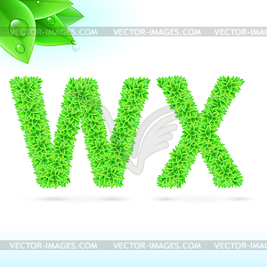 Sans serif font with green leaf decoration - vector image