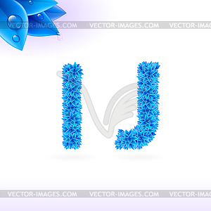 Sans serif font with blue leaf decoration - vector clipart