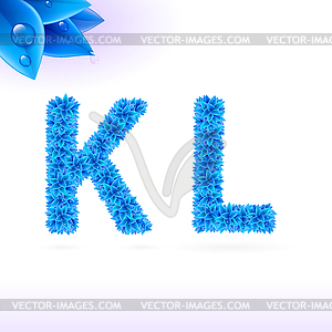 Sans serif font with blue leaf decoration - vector image