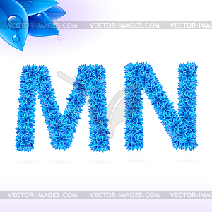 Sans serif font with blue leaf decoration - vector image