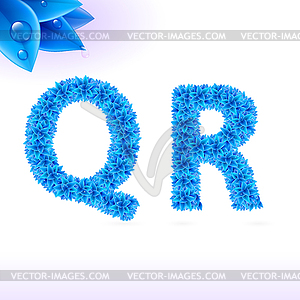 Sans serif font with blue leaf decoration - vector image