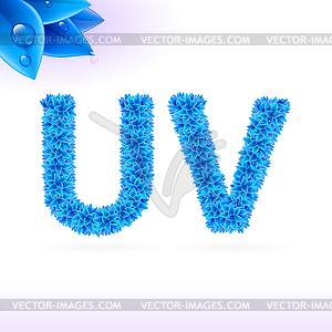 Sans serif font with blue leaf decoration - vector clipart