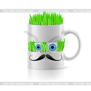White mug of two parts with grass inside - vector image