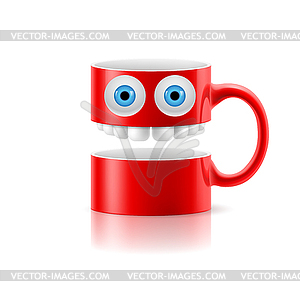 Red mug of two parts with two eyes and teeth - vector image