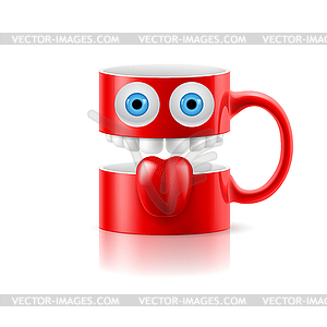 Red mug of two parts with two eyes, teeth and tongue - vector clip art