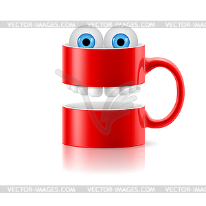 Red mug of two parts with teeth and froggy eyes - vector image