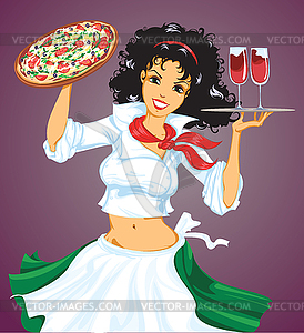 Italian girl with pizza and wine - vector image