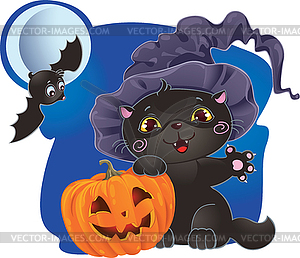 Halloween kitten and pumpkin - color vector clipart